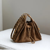 Quilted Suede Lambskin Drawstring Bucket Bag – Gold Chain Shoulder Bag | Diamond Quilt with Side Flap Pockets & Turn-Lock Clasp