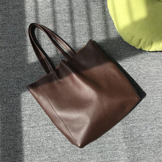 Large Soft Cowhide Leather Tote | Minimalist Oversized Shopper with Removable Inner Pouch