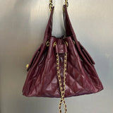 Quilted Diamond Leather Drawstring Hobo Bag – Gold Chain Strap | Lambskin & Cowhide Shoulder Bag for Women