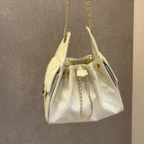 Quilted Diamond Leather Drawstring Hobo Bag – Gold Chain Strap | Lambskin & Cowhide Shoulder Bag for Women