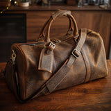 Men’s Full Grain Leather Travel Duffel, Large Crazy Horse Leather Carry-On Bag for Business, Leather Weekender, Camping & Short Trips