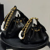 Quilted Diamond Leather Drawstring Hobo Bag – Gold Chain Strap | Lambskin & Cowhide Shoulder Bag for Women