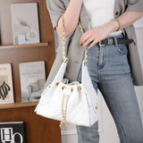 Quilted Diamond Leather Drawstring Hobo Bag – Gold Chain Strap | Lambskin & Cowhide Shoulder Bag for Women