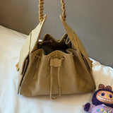 Quilted Diamond Leather Drawstring Hobo Bag – Gold Chain Strap | Lambskin & Cowhide Shoulder Bag for Women