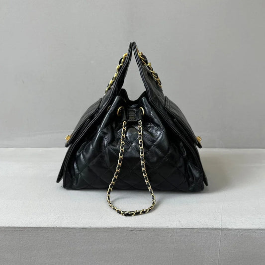 Quilted Diamond Leather Drawstring Hobo Bag – Gold Chain Strap | Lambskin & Cowhide Shoulder Bag for Women