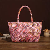 Handwoven Genuine Leather Tote Bag – Triple-Jump Bamboo Weave | Two Sizes, Leather Base, Zip Closure, 5 Colourways