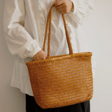 Handwoven Basket Tote Bag | Vegetable-Tanned Italian Cowhide Hand-Carry Bag | Minimalist Summer Commuter Style