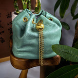 Handcrafted Top Grain Cowhide Leather Mini Bucket Bag | Women's Drawstring Chain Crossbody Purse
