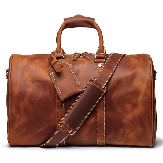 Handmade Full Grain Leather Duffle Bag – Vegetable-Tanned Cowhide Holdall | Brass Hardware, YKK Zippers & Padded Shoulder Strap