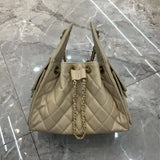 Quilted Diamond Leather Drawstring Hobo Bag – Gold Chain Strap | Lambskin & Cowhide Shoulder Bag for Women