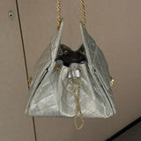 Quilted Diamond Leather Drawstring Hobo Bag – Gold Chain Strap | Lambskin & Cowhide Shoulder Bag for Women