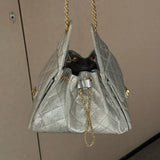 Quilted Diamond Leather Drawstring Hobo Bag – Gold Chain Strap | Lambskin & Cowhide Shoulder Bag for Women
