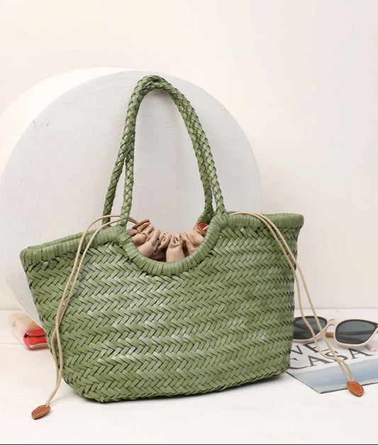 Sage Green Handmade Woven Leather Tote Bag, Full Grain Leather Hand Woven Triple Jump Bamboo Ladies HoBo Bag, Curve Opening Summer Holiday Bag