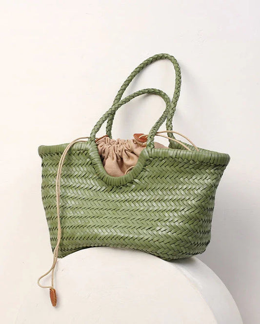 Sage Green Handmade Woven Leather Tote Bag, Full Grain Leather Hand Woven Triple Jump Bamboo Ladies HoBo Bag, Curve Opening Summer Holiday Bag