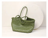 Sage Green Handmade Woven Leather Tote Bag, Full Grain Leather Hand Woven Triple Jump Bamboo Ladies HoBo Bag, Curve Opening Summer Holiday Bag