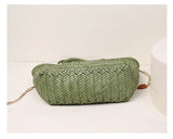 Sage Green Handmade Woven Leather Tote Bag, Full Grain Leather Hand Woven Triple Jump Bamboo Ladies HoBo Bag, Curve Opening Summer Holiday Bag