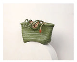 Sage Green Handmade Woven Leather Tote Bag, Full Grain Leather Hand Woven Triple Jump Bamboo Ladies HoBo Bag, Curve Opening Summer Holiday Bag