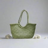 Sage Green Handmade Woven Leather Tote Bag, Full Grain Leather Hand Woven Triple Jump Bamboo Ladies HoBo Bag, Curve Opening Summer Holiday Bag