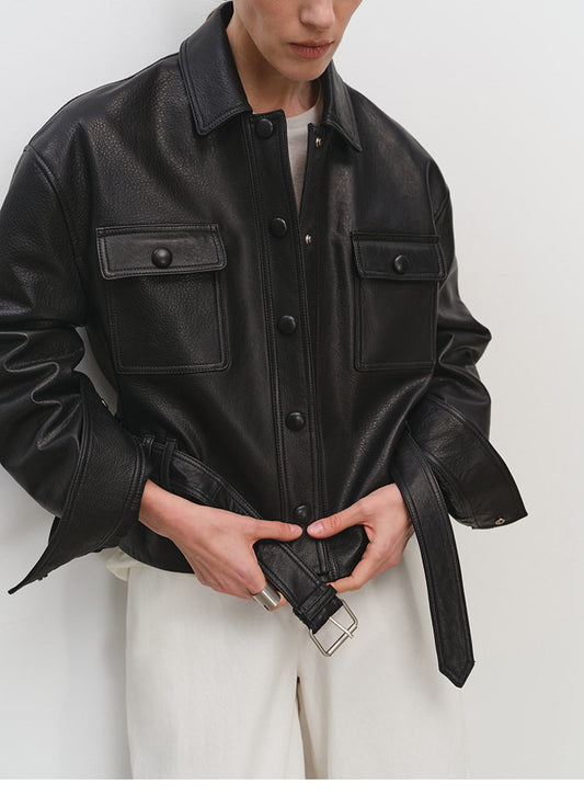 Sheepskin Leather Shirt Jacket for Women | Belted Cropped Moto Coat | Handcrafted Genuine Leather Overshirt