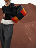 Signature Rainbow Wool & Cowhide Leather Tote, 2025 Fall/Winter Large Colourblock Commuter Shoulder & Handbag for Women