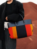 Signature Rainbow Wool & Cowhide Leather Tote, 2025 Fall/Winter Large Colourblock Commuter Shoulder & Handbag for Women