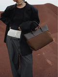 Signature Rainbow Wool & Cowhide Leather Tote, 2025 Fall/Winter Large Colourblock Commuter Shoulder & Handbag for Women