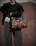Signature Rainbow Wool & Cowhide Leather Tote, 2025 Fall/Winter Large Colourblock Commuter Shoulder & Handbag for Women