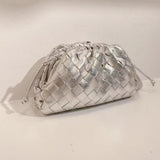 Small Handcrafted Lambskin Leather Weave Cloud Pouch With Pleated Design, Woven Crossbody Clutch Evening Bag