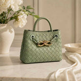 Small Lambskin Leather Knotted Intrecciato Shoulder Bag | Woven Handbag With Metal Buckle, Daily Fashion Designer Bag, Woven Shoulder Purse