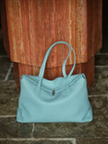 Soft Cowhide Leather Tote Bag | Minimalist Pebbled Shoulder Handbag with Turn-Lock Closure | Large Everyday Work Bag for Women