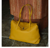 Soft Cowhide Leather Tote Bag | Minimalist Pebbled Shoulder Handbag with Turn-Lock Closure | Large Everyday Work Bag for Women