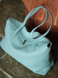 Soft Cowhide Leather Tote Bag | Minimalist Pebbled Shoulder Handbag with Turn-Lock Closure | Large Everyday Work Bag for Women