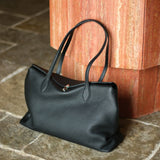 Soft Cowhide Leather Tote Bag | Minimalist Pebbled Shoulder Handbag with Turn-Lock Closure | Large Everyday Work Bag for Women