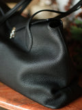 Soft Cowhide Leather Tote Bag | Minimalist Pebbled Shoulder Handbag with Turn-Lock Closure | Large Everyday Work Bag for Women