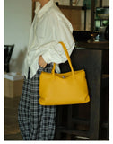 Soft Cowhide Leather Tote Bag | Minimalist Pebbled Shoulder Handbag with Turn-Lock Closure | Large Everyday Work Bag for Women