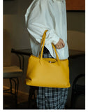 Soft Cowhide Leather Tote Bag | Minimalist Pebbled Shoulder Handbag with Turn-Lock Closure | Large Everyday Work Bag for Women