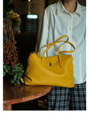 Soft Cowhide Leather Tote Bag | Minimalist Pebbled Shoulder Handbag with Turn-Lock Closure | Large Everyday Work Bag for Women