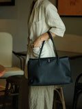 Soft Cowhide Leather Tote Bag | Minimalist Pebbled Shoulder Handbag with Turn-Lock Closure | Large Everyday Work Bag for Women