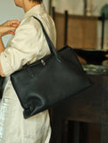 Soft Cowhide Leather Tote Bag | Minimalist Pebbled Shoulder Handbag with Turn-Lock Closure | Large Everyday Work Bag for Women