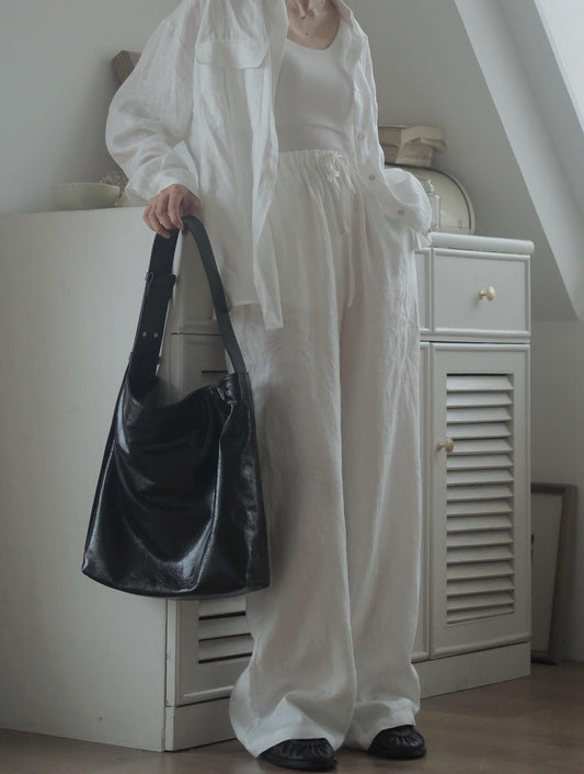 Soft Oil Wax Bucket Shoulder Bag | Minimalist Leather Large Tote Bag With Wide Strap