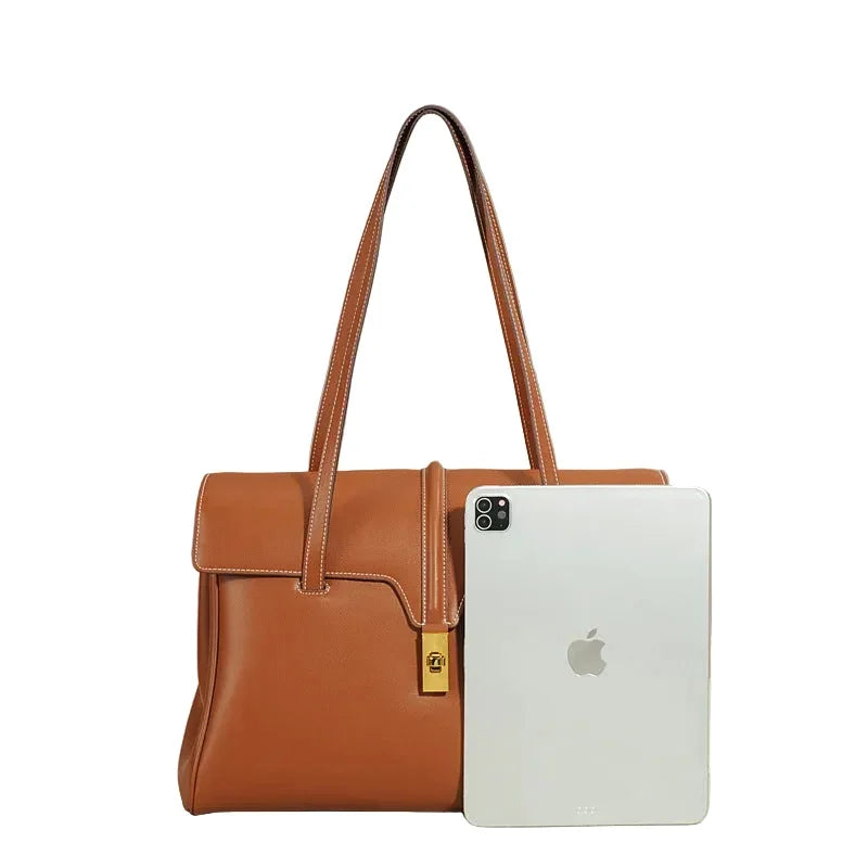 Structured Cowhide Leather Flap Tote | Gold Turn-Lock Top Handle Bag | Women's Work Handbag in Two Sizes - Image 4