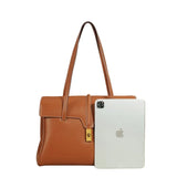 Structured Cowhide Leather Flap Tote | Gold Turn-Lock Top Handle Bag | Women's Work Handbag in Two Sizes - Image 4