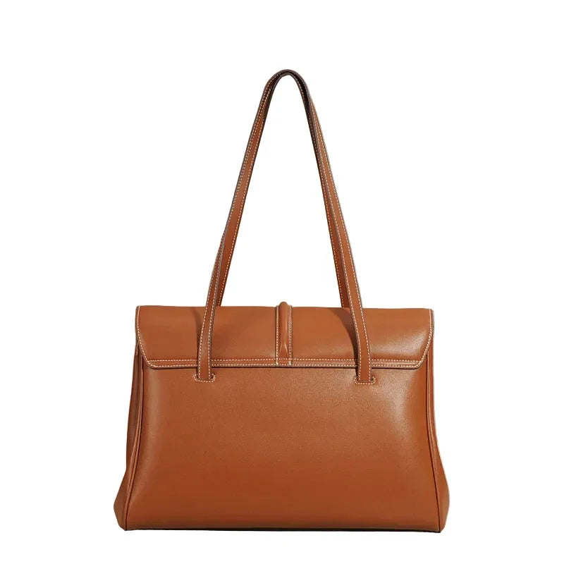 Structured Cowhide Leather Flap Tote | Gold Turn-Lock Top Handle Bag | Women's Work Handbag in Two Sizes - Image 5