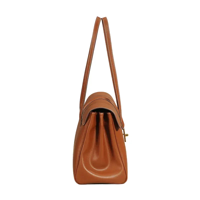 Structured Cowhide Leather Flap Tote | Gold Turn-Lock Top Handle Bag | Women's Work Handbag in Two Sizes - Image 6
