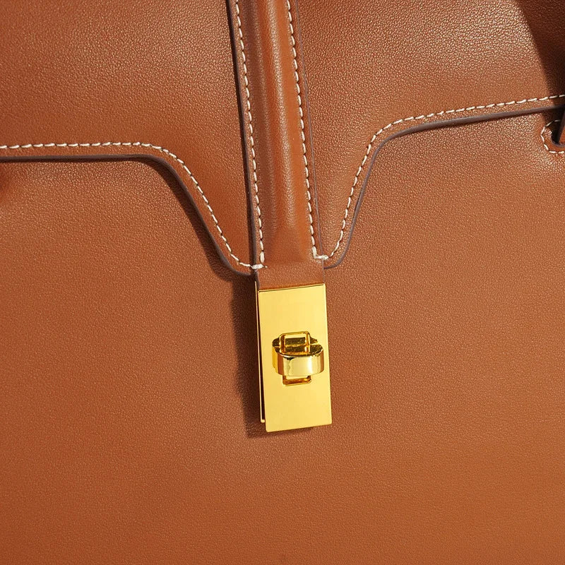 Structured Cowhide Leather Flap Tote | Gold Turn-Lock Top Handle Bag | Women's Work Handbag in Two Sizes - Image 9