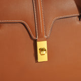 Structured Cowhide Leather Flap Tote | Gold Turn-Lock Top Handle Bag | Women's Work Handbag in Two Sizes