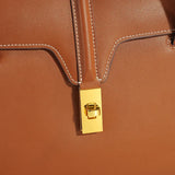 Structured Cowhide Leather Flap Tote | Gold Turn-Lock Top Handle Bag | Women's Work Handbag in Two Sizes - Image 9