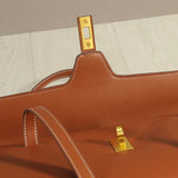 Structured Cowhide Leather Flap Tote | Gold Turn-Lock Top Handle Bag | Women's Work Handbag in Two Sizes