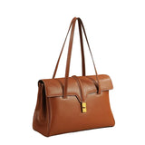 Structured Cowhide Leather Flap Tote | Gold Turn-Lock Top Handle Bag | Women's Work Handbag in Two Sizes - Image 3