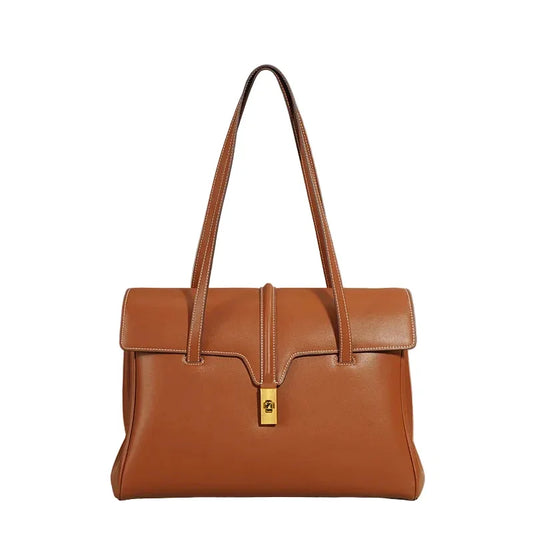 Structured Cowhide Leather Flap Tote | Gold Turn-Lock Top Handle Bag | Women's Work Handbag in Two Sizes